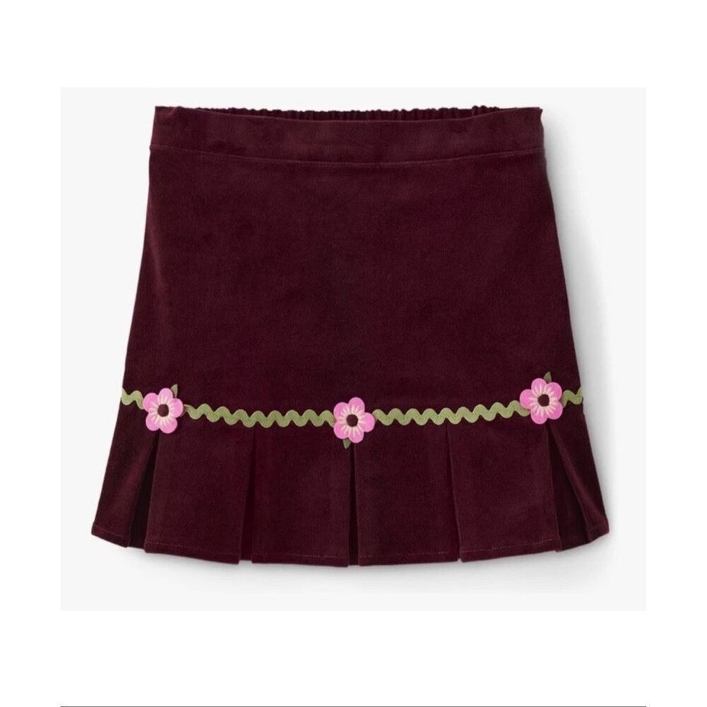 Gymboree Burgundy Corduroy Girls Skirt 12 Pink Flowers Green Rick Rack Adjustabl